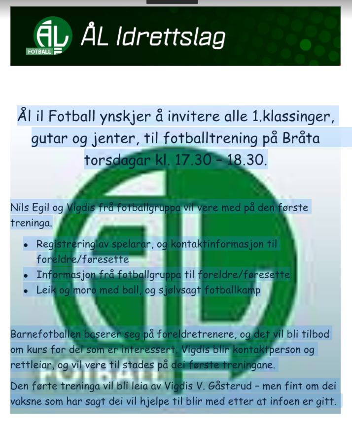 Velkomen til fyrste trening for 1.klassinger